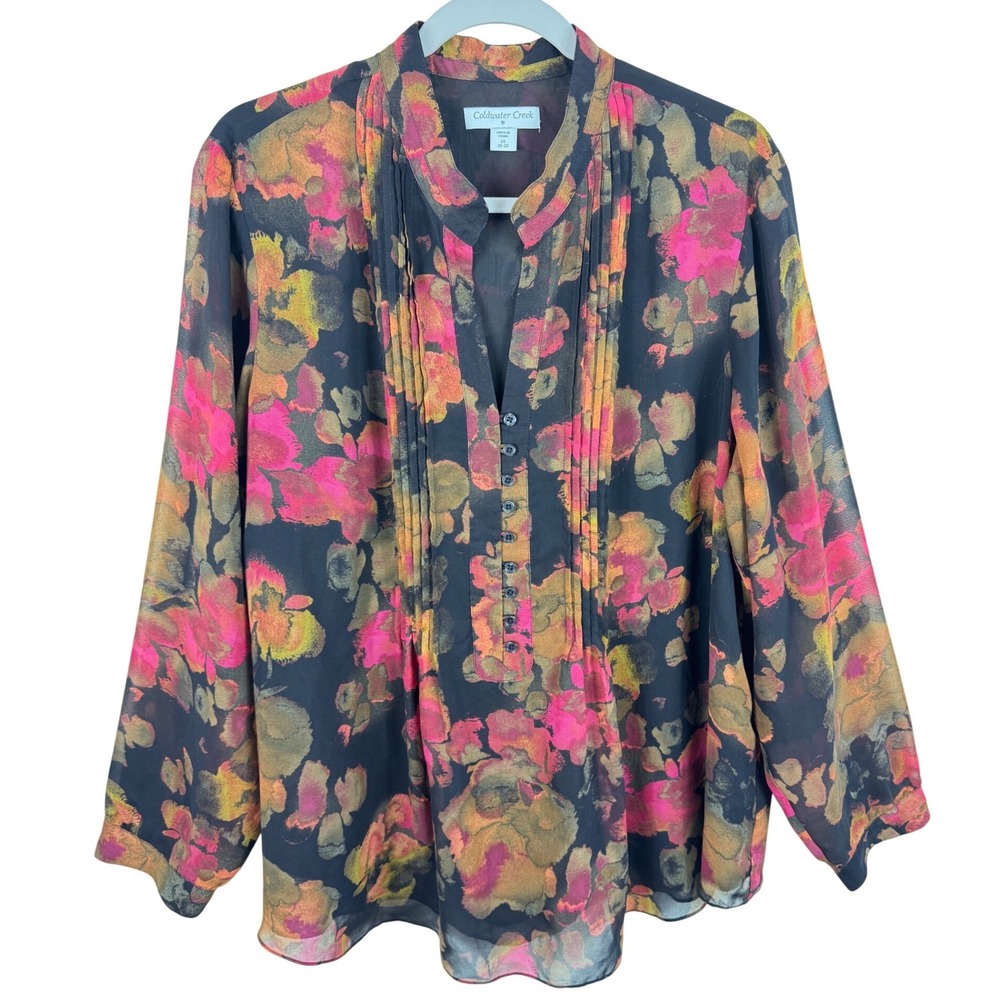 Coldwater Creek Floral Pintuck Chiffon Blouse Pink Orange Plus Size 2X 20-22